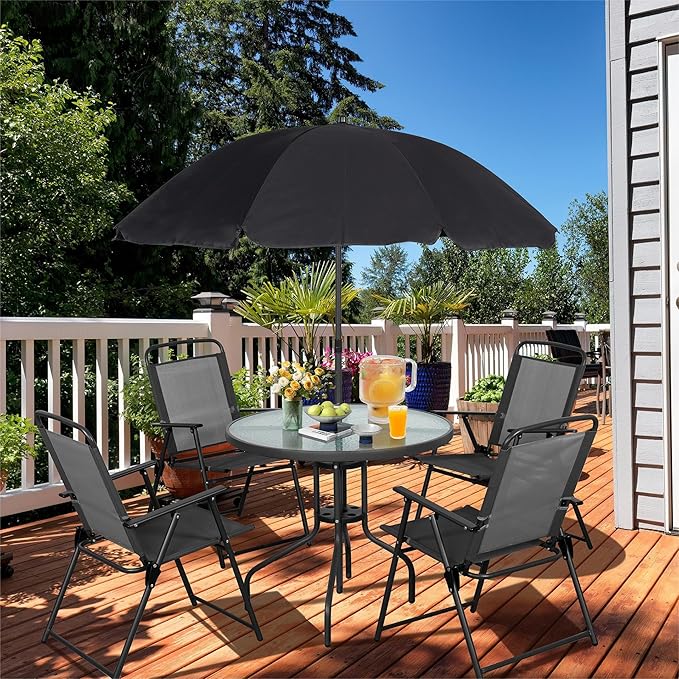 Vongrasig 6 Piece Folding Patio Dining Set,Small Metal Outdoor Garden Patio Table and Chair Set w/Umbrella for Lawn,Deck,Backyard,Black Vongrasig