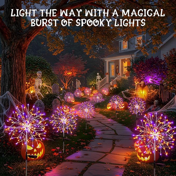 suddus Solar Halloween Lights Outdoor Solar Powered, Upgrade 2-Pack Orange & Purple Solar Firework Lights, Waterproof Garden Light for Yard Pathway Patio Flowerbed Halloween Decorations SUDDUS