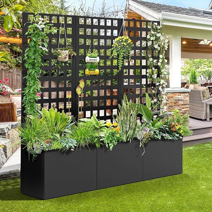 FENCY Metal Planter Box with Trellis, Planter Trellis for Climbing Plants Vegetable Vines, Trellis with Planter Box & Privacy Screen, Raised Garden Bed with Drainage Holes (23.6" L x 63" H/Lattice) FENCY
