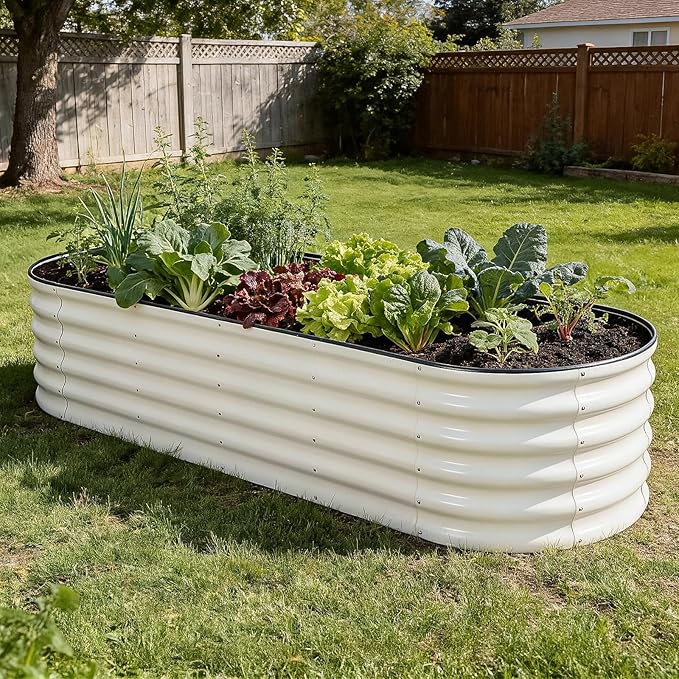Galvanized Raised Garden Bed - 6×2×1.4ft Planter Raised Beds for Gardening | Oval Metal Garden Planter Box with Safety Edging and Gloves for Vegetables Fruits and Flower White BIRDSINYARD