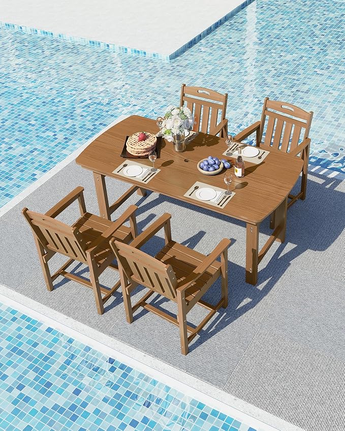 Ciokea HDPE Outdoor Dining Set, 5-Piece Patio Table and Chairs Set with Umbrella Hole, All-Weather Patio Dining Sets for 4, Durable Patio Furniture for Backyard, Garden, Lawn & Poolside, Teak CIOKEA