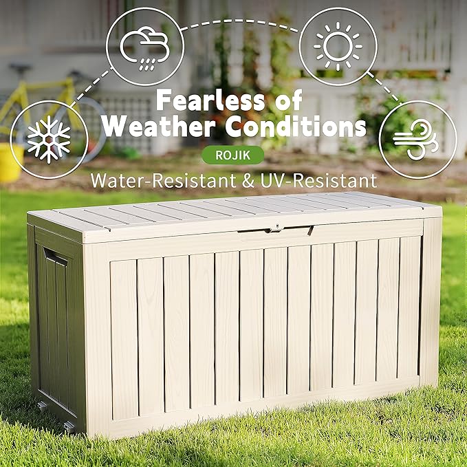 ROJIK Outdoor Storage Housing Deck Box - Waterproof Patio Furniture, Garden Tools, Cushions, Pool Accessories Storage Bench with Lockable Lid and Side Handles (Grey 90 Gal) ROJIK