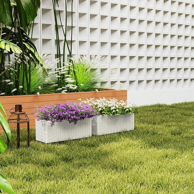 Outsunny Railing Planter Box (2 Pack, 20 Inch), Hanging Flower Pots with Hooks, Drainage Holes for Fence, Balcony, Garden, Patio, Rattan Look, White Outsunny