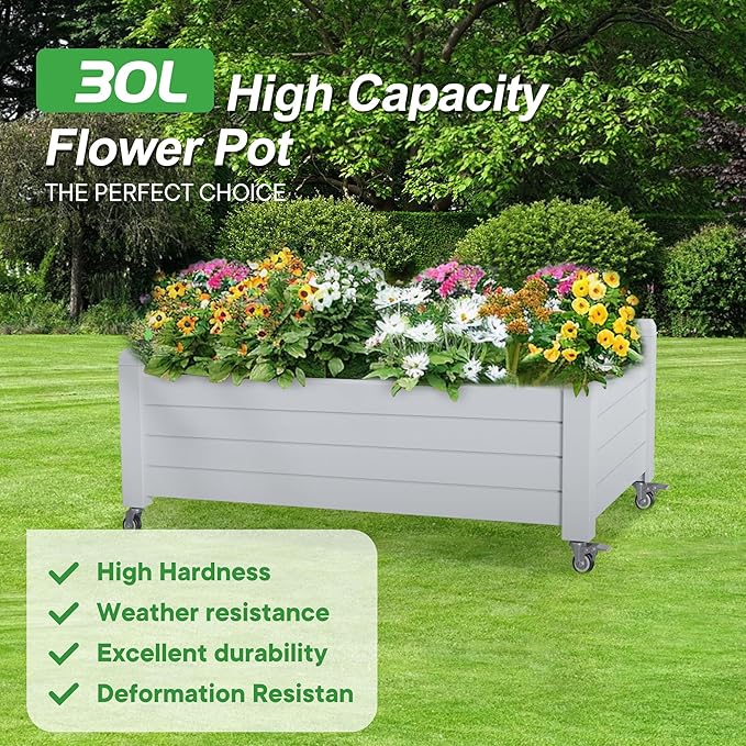 Raised Garden Bed with Wheels, 21 Gallon Self-Watering Outdoor Raised Planter Box with Drainage Plug & Gauge for Vegetables Flowers Herbs, Rustproof Resin for Backyard Patio Porch (Ashen) OutdoorLivingPerfected