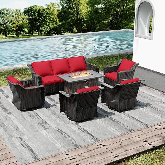 Joyside Wicker Patio Furniture Sets, 8 Pieces Upgraded Large Size Outdoor Furniture with 4 Swivel Rocking Patio Chairs, 3-Seat Sofa, Fire Table, Coffee Table, Thick Cushions, Wide Armrest, Red Joyside