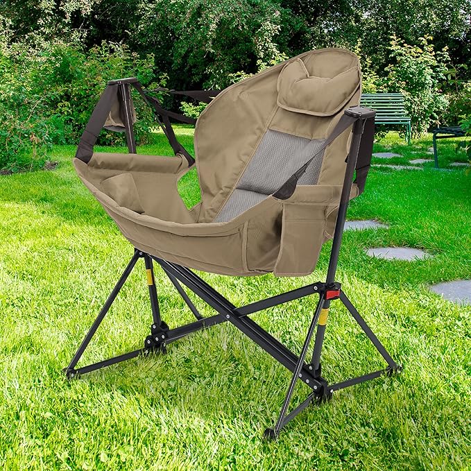 Ainfox Hammock Camping Chair, Foldable Portable Rocking Chairs for Adults Outside Swinging Camp with Cup Holder Pillow for Outdoor Patio Poolside (Brown) Ainfox
