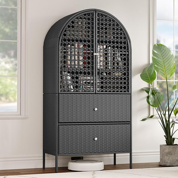 YITAHOME 65 Inch Outdoor Storage Shed, Arched Wicker Stand-Up Pantry with 3 Shelves & 2 Drawers, Rustic Storage Cabinet Patio Furniture for Backyard Garden Patio Lawn (Black) YITAHOME