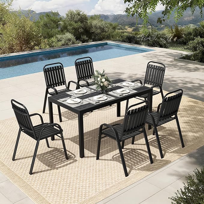 Pamapic Outdoor Dining Sets for 6, Rectangular Steel Slat Table with 6 Plastic Chairs, 7 Piece Patio Table and Chairs Set with Adjustable Umbrella Hole for Garden, Backyard, Poolside (Black) Pamapic