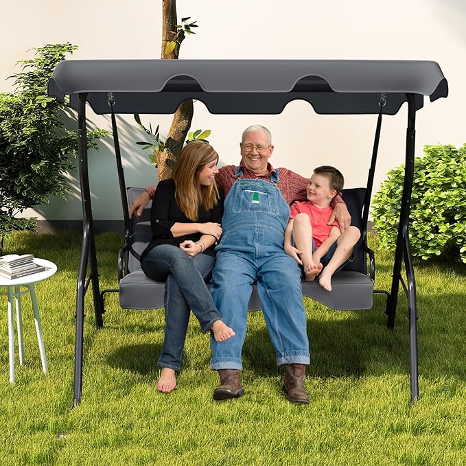 Tangkula 3 Person Porch Swing, Patio Swing with Removable Cushion & Powder-Coated Steel Frame, Outdoor Swing with Canopy for Porch, Backyard, Garden, Balcony (Gray) TANGKULA