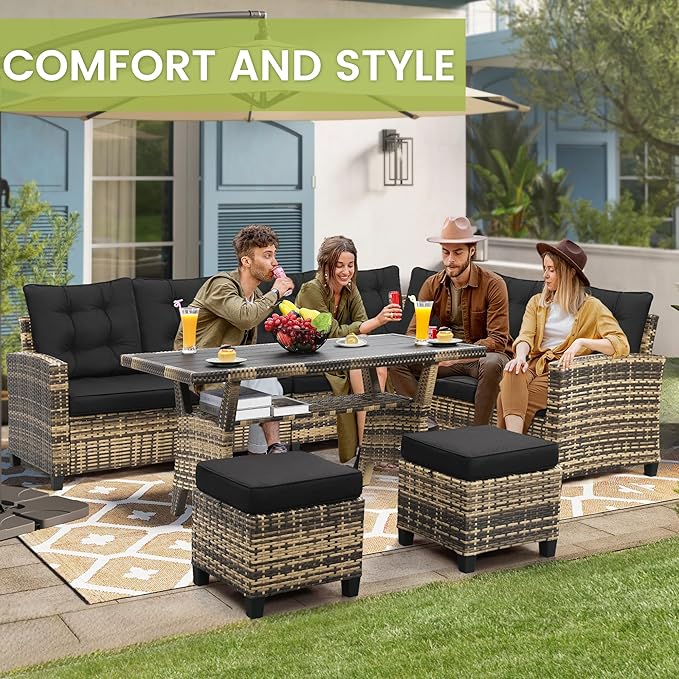 6-Piece Patio Furniture Set, Outdoor Sectional Sofa with Dining Table & Chairs, All-Weather Dining Set with Removable Cushion Covers, Ideal for Garden, Porch, Backyard, Black KROFEM