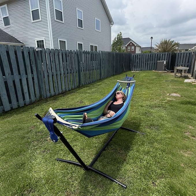 SZHLUX Double Hammock with Stand Included 450lb Capacity Steel Stand, Premium Carry Bag Included.Indoor Outdoor Brazilian-Style Cotton Bed for Backyard, Camping,Garden,Green SZHLUX
