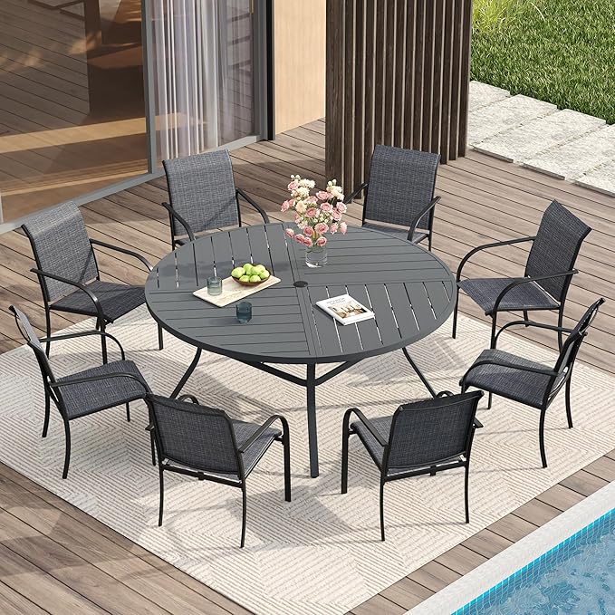 VICLLAX Round Patio Table with Adjustable Umbrella Hole for 8, All Weather Metal Outdoor Dining Table for Lawn Garden, 53.1" Outdoor Coffee Table, Grey Tabletop HOME