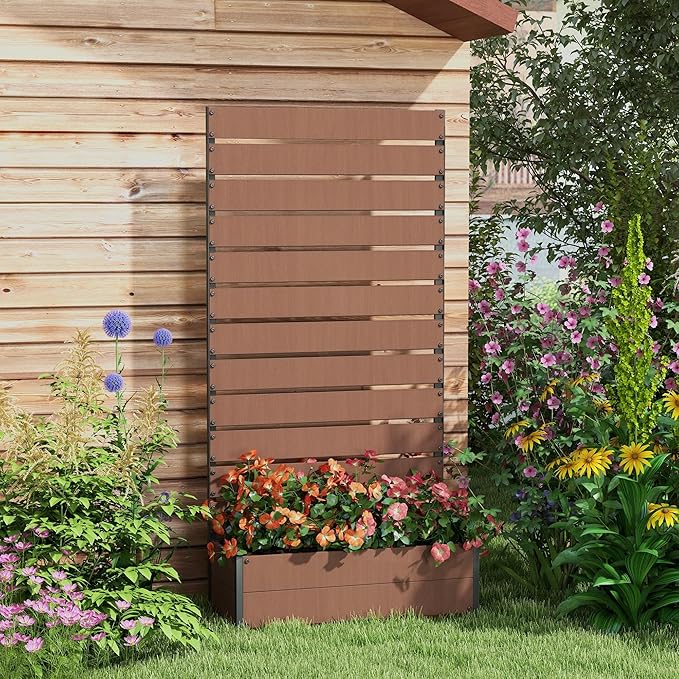 Outsunny Raised Garden Bed with Trellis for Climbing Plants, Planter Box with Self Draining Gap, Freestanding Trellis Planter for Outdoor, Patio, Deck, 35.75" x 15" x 70.75", Light Brown Outsunny