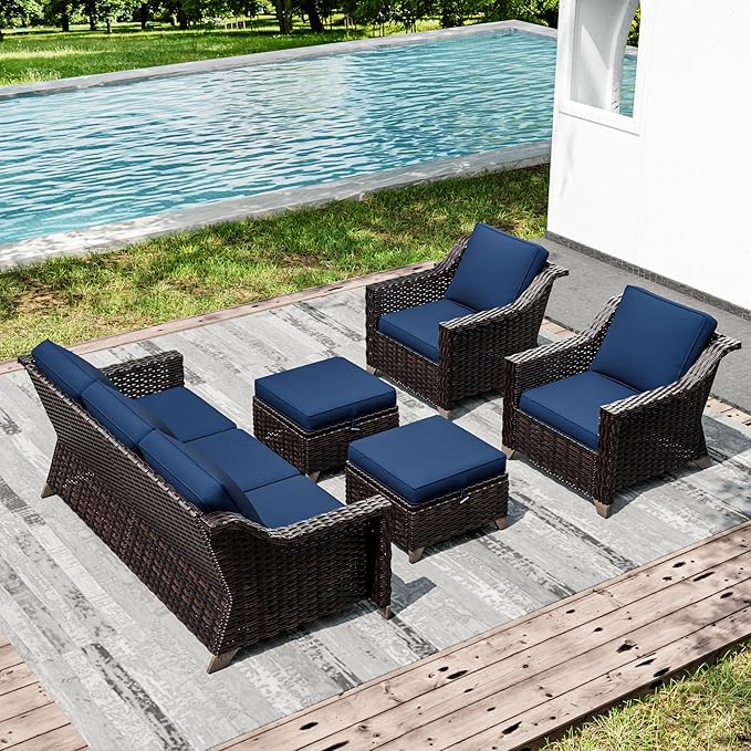 Joyside Wicker Patio Furniture Sets, 5 Pieces Upgraded Large Size Outdoor Furniture with Patio Dining Chairs, 3-Seat Sofa and Outdoor Ottoman, Thick Cushions, Wide Armrest Joyside