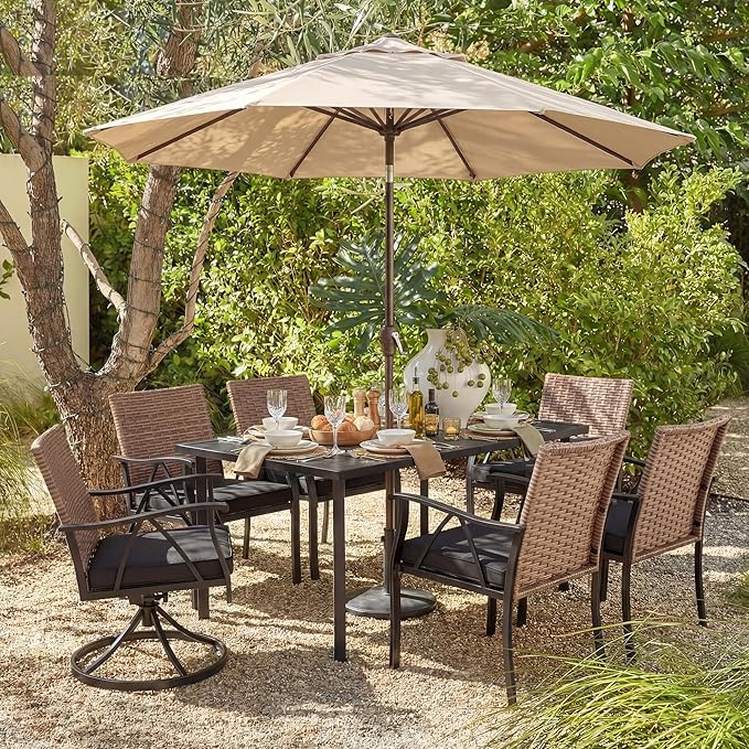 7-Piece Patio Dining Set for 6, Outdoor Dining Set with Wicker Swivel Patio Dining Chairs with Cushions & Black Rectangular Woodgrain Dining Table with 1.75”Umbrella Hole, Black & Brown Andehomy