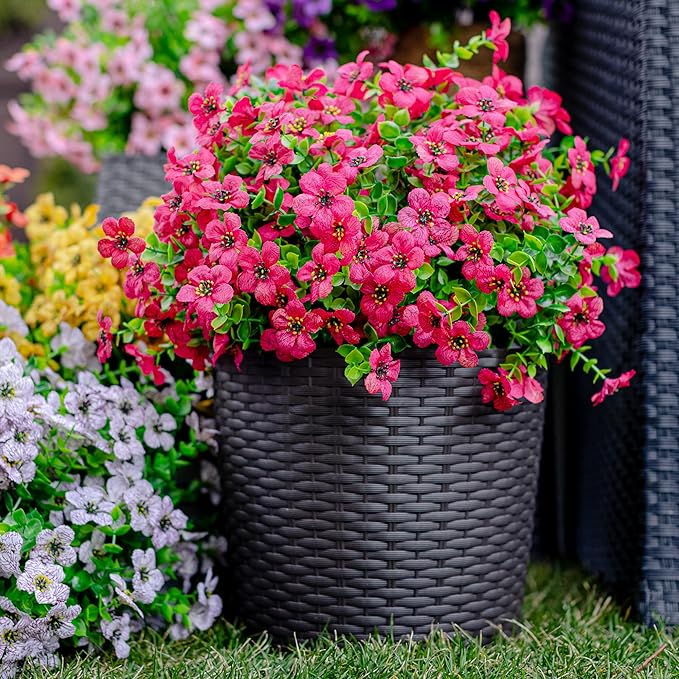 Artificial Flowers for Outdoors Fake Plants - 16 Bundles Faux Outside Greenery Boxwood No Fade Plastic Shrubs Fall Decor Farmhouse Home Garden Thanksgiving Mums (Red) AXYLEX