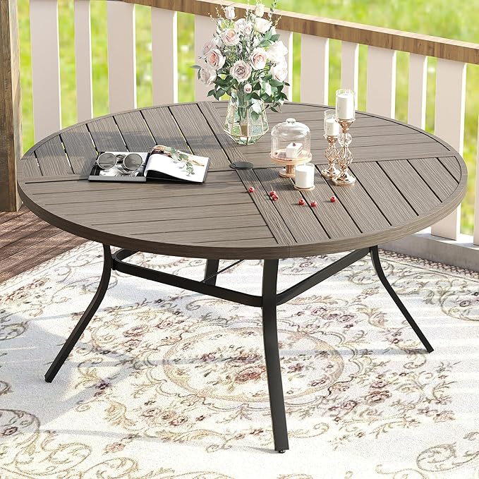 VICLLAX Round Patio Table with Adjustable Umbrella Hole for 8, All Weather Metal Outdoor Dining Table for Lawn Garden, 59.8" Outdoor Coffee Table, Grey Wood-Like Tabletop HOME