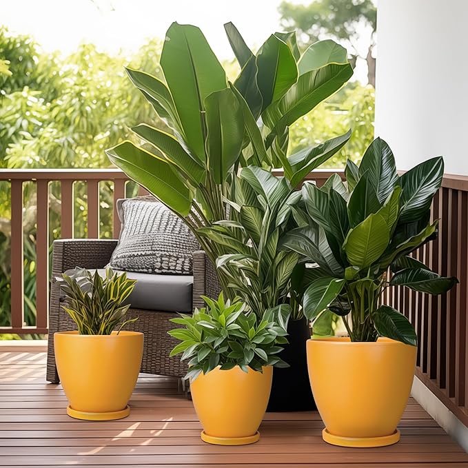 10 Inch Plant Pot - Ceramic Planter with Drainage Hole and Saucer, Modern Flower Pot, Round Planters for Indoor Plants, Home Patio Bathroom Porch Garden Living Room Decor, Orange EPFamily