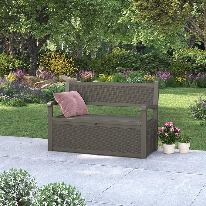 80 Gallon Outdoor Storage Box, Resin Patio Furniture with Armrest, Lockable Deck Box with Waterproof and UV Resistant for Patio Cushions, Garden Tools and Pool Supplies, Grey Rootora