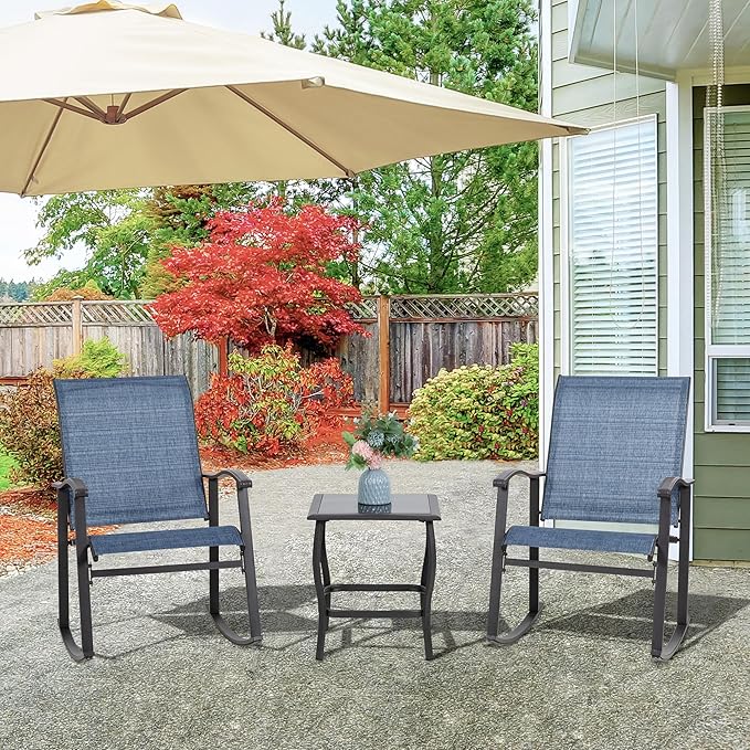 Vongrasig 3 Piece Outdoor Rocking Bistro Set, Textilene Fabric Small Patio Furniture Set, Front Porch Rocker Chairs Conversation Set with Glass Table for Lawn, Garden, Balcony, Poolside (Denim Blue) Vongrasig