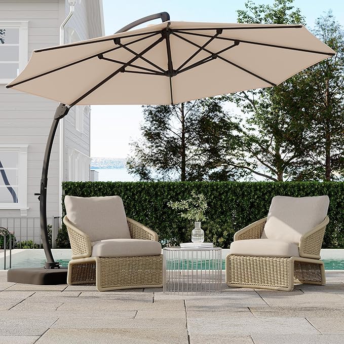GarveeLife 11FT Cantilever Patio Umbrella With Base Included, Cantilevers Outdoor Umbrella Heavy Duty Offset, Aluminium Curved Cantilever Umbrella GarveeLife