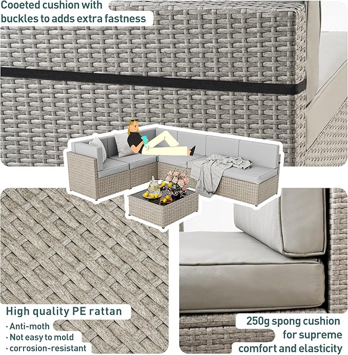 Pamapic 7-Piece Outdoor Sectional Furniture Set, All-Weather Wicker Patio Sofa with Washable Cushions, Gray Waterproof Rattan Conversation Set for Backyard, Poolside, Garden (Gray Cushions) Pamapic