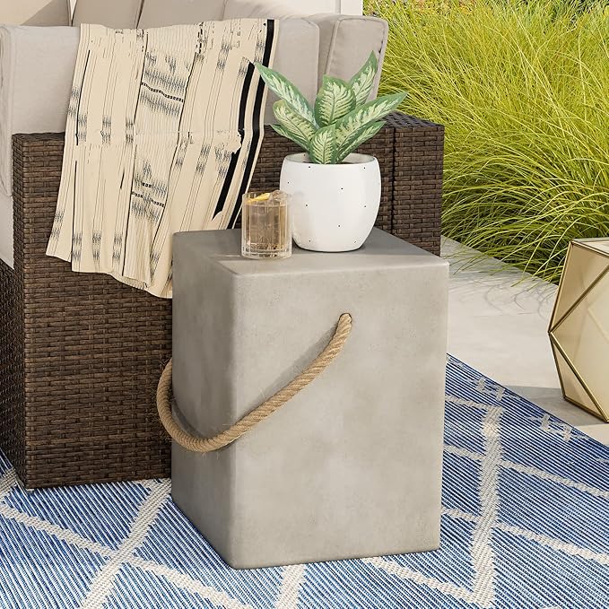 COSIEST Set of 2 Concrete Side Table, Rectangular Outdoor Side Table w Hemp Rope Handles,15''Patio Side Tables End Table, Outdoor Accent Side Table for Garden and Patio, Grey COSIEST