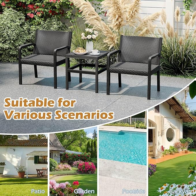 COSTWAY 3 Piece Patio Furniture Set, Outdoor PP Rattan Wicker Furniture Set with 2 Modern Rattan Armchair and 25” Squire Side Table for Patio, Garden, Poolside, Bistro, Black COSTWAY