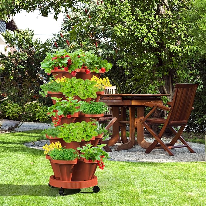 Strawberry Vertical Planter, 5 Tiered Stacking Garden Tower, Stackable Herb Vegetable Planters with Support Pole Indoor and Outdoor - Terra Cotta Tectsia