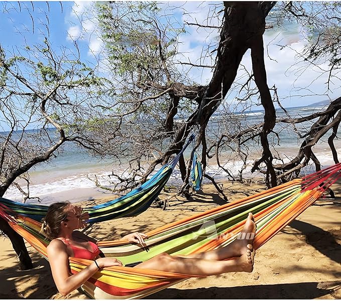 ANYOO Cotton Hammock Portable Camping Hammocks for Hanging Sturdy Garden Comfortable Fabric Hammock with Tree Straps Up to 660lbs with Travel Bag for Camping Outdoor/Indoor Patio Backyard Anyoo