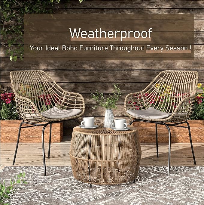 Furniture of America Ysar Boho Rattan Round Coffee Table Outdoor with Metal Frame, All-Weather and Rust Resistant, Handcrafted Coastal Furniture for Patio, Poolside, Garden, Yard, Natural Brown FurnitureofAmerica
