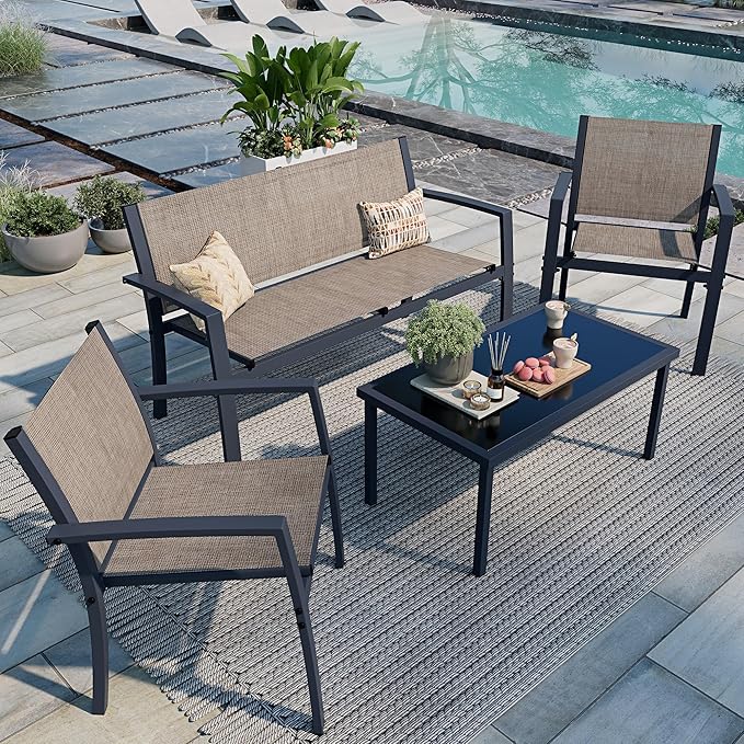 Shintenchi 4 Pieces Patio Furniture Set All Weather Textile Fabric Outdoor Conversation Set, with Glass Coffee Table, Loveseat, 2 Single Chairs for Home, Garden, Lawn, Porch(Light Brown) Shintenchi