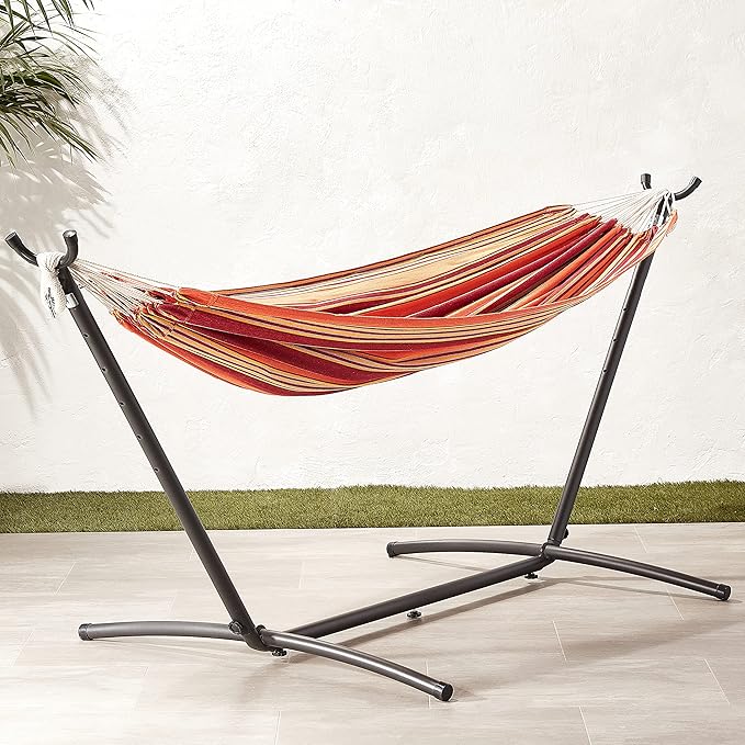 Amazon Basics Double Hammock with 9-Foot Space Saving Steel Stand and Carrying Case, 2 Person, 450 lb Capacity, Sunset Orange Stripe, 110" x 47" x 43", Outdoor AmazonBasics