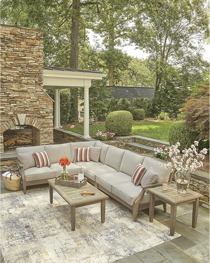 Signature Design by Ashley Clare View Left-Arm Facing Contemporary 4-Piece Outdoor Sectional with Cushion and 6 Throw Pillows, Beige SignatureDesignbyAshley