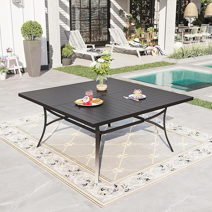PHI VILLA Large Outdoor Square Dining Table for 8, 60" Metal Steel Slat Table with Umbrella Hole, Weather-Resistant Dining Fruniture for Patio, Deck, Backyard, Porch - Black PHIVILLAThepioneerofcomfortablehouseholdsupplies