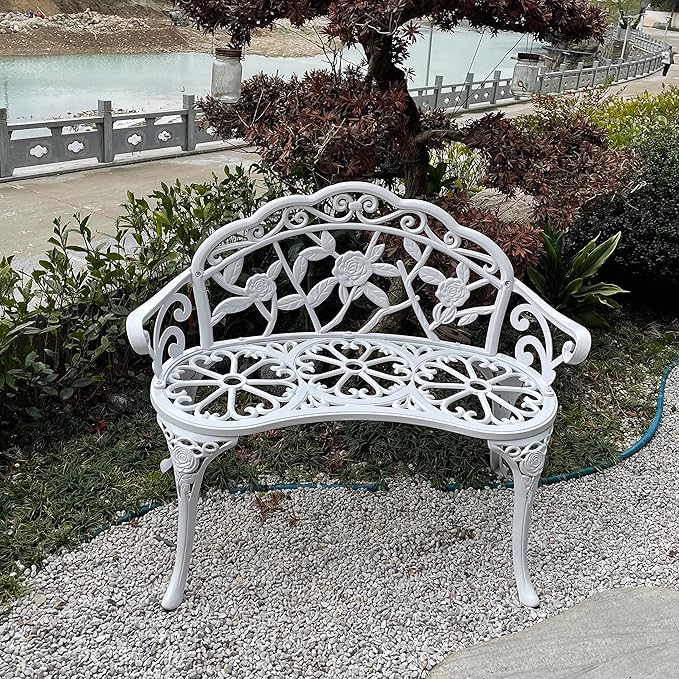 Mandolin Outdoor Benc Park Garden Chair,All Chair Anti Rust Cast Aluminum Patio Yard Bench,Carved Rose Loveseat Bench for Backyard .Porch.Balcony.Lawn (White) Rootora