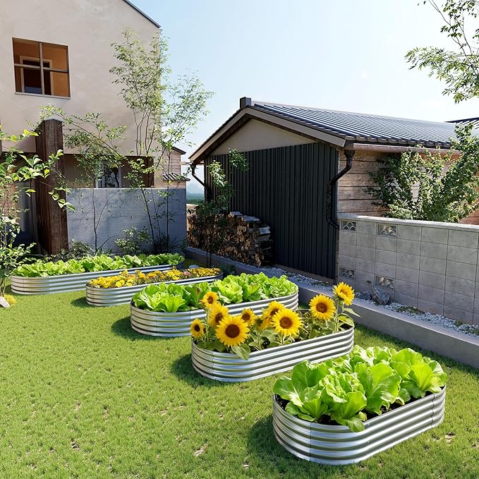 2PCS 12x4x1FT Galvanized Raised Garden Bed Kit,Vegetable Boxes-Oval Metal Flower Box,Large Planter Raised Beds Outdoor Garden for Planting,Fruit,Herb-Silver Yortrek
