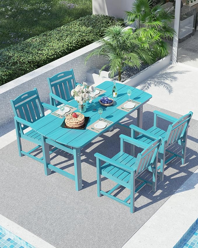 Ciokea HDPE Outdoor Dining Set, 5-Piece Patio Table and Chairs Set with Umbrella Hole, All-Weather Patio Dining Sets for 4, Durable Patio Furniture for Backyard, Garden, Lawn & Poolside, Lake Blue CIOKEA