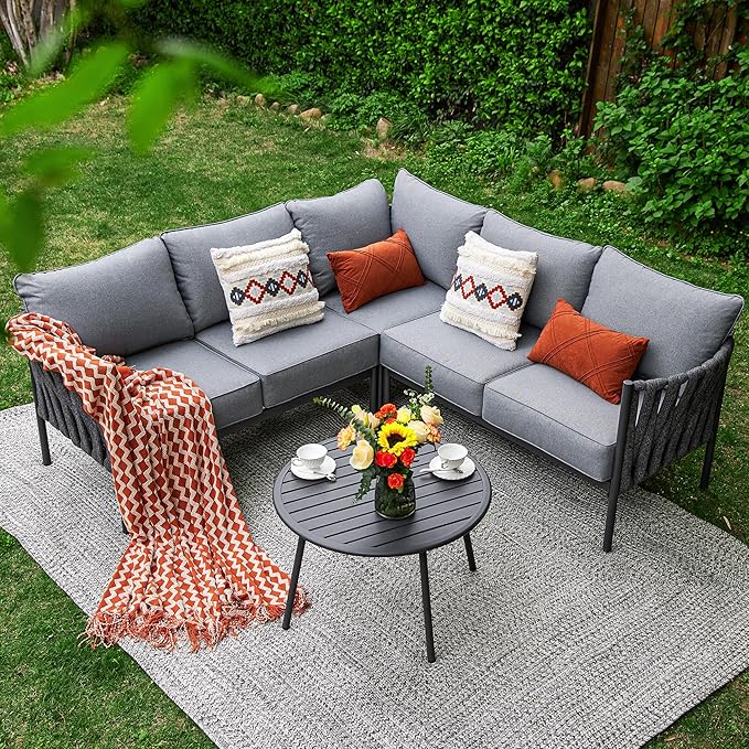 Outdoor Patio Furniture, 6 Pieces Outdoor Sectional L-Shaped Sofa Patio Conversation Sets, Patio Furniture Set with Thick Cushions and Coffee Table for Garden, Poolside, Backyard, Grey COMLAXFIELD