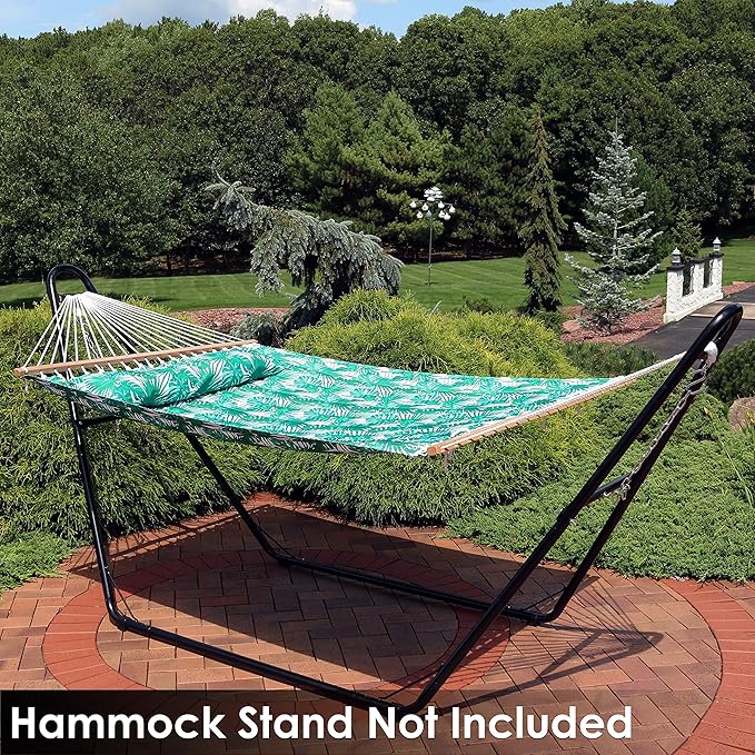 Sunnydaze Quilted Outdoor Hammock with Spreader Bars - Heavy-Duty 450-Pound Capacity Double Hammock for Outside - Green Palm Leaves SunnydazeDecor
