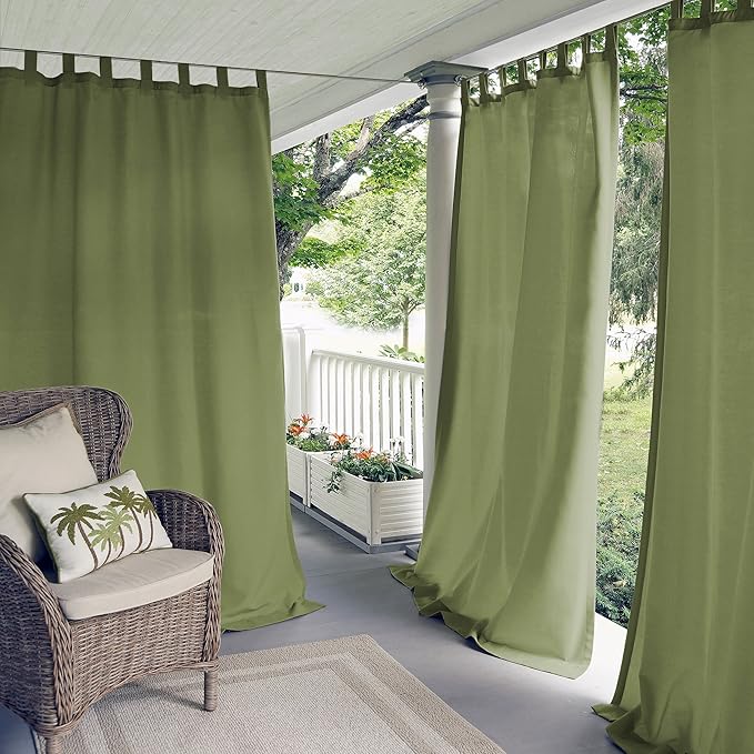 Elrene Home Fashions Matine Weatherproof Tab-Top Indoor/Outdoor Solid Color Curtain Panel for Porch, Pergola, Patio, Deck, 52”W x 95”L, Green (Pack of 3) ElreneHomeFashions