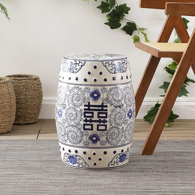 JONATHAN Y TBL1013A Double Happiness 18" Chinoiserie Ceramic Drum Indoor/Outdoor Garden Stool Bohemian, Coastal, Classic, Cottage, French Country, Traditional, Bathroom, Garden Room, Patio, Blue/White JONATHANY