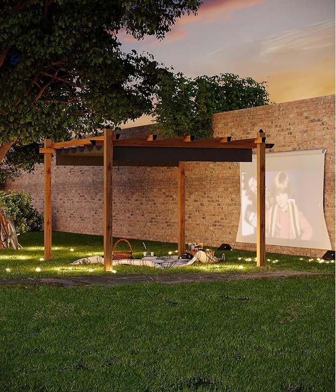 GarveeLife 10 x 13 ft Wood-Grain Aluminum Pergola with Retractable Waterproof Canopy UV Protection Rust-Resistant Sturdy 4-Side Base for Patio Garden Backyard Deck (Gray) GarveeLife