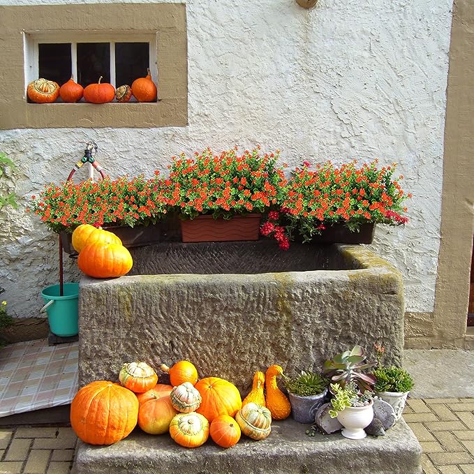 20 Bundles Artificial Fall Flowers Outdoor Fake Flowers, UV Resistant No Fade Faux Plastic Greenery Shrubs Plants for Hanging Garden Porch Window Box Outside Decoration,Home Indoor Decor Orange YIBUKIY