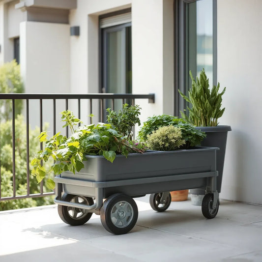 Mobile planter box on wheels filled with herbs and flowers on a small patio