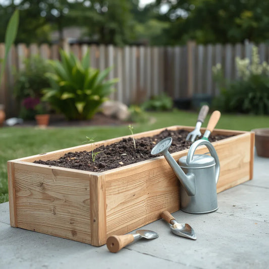 Wood raised garden bed filled with soil and seedlings with gardening tools nearby