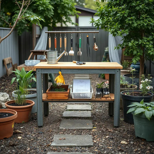 Sturdy outdoor garden workstation with tool hooks, watering can, gloves, and potted seedlings on a tidy path