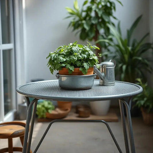 Metal tabletop gardening table with potted herbs and a watering can on a sunny patio