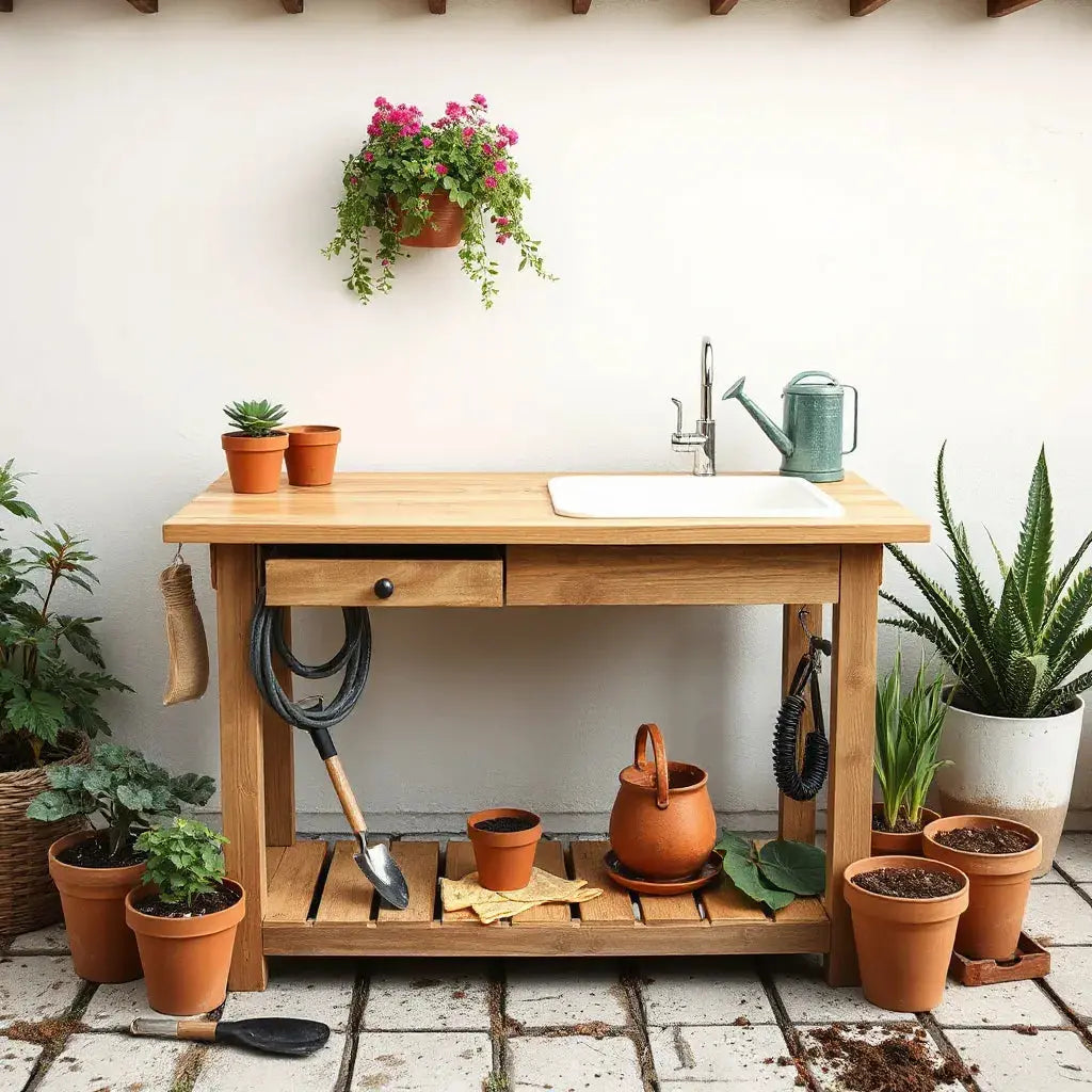 Sturdy outdoor potting bench with sink, tools, pots, and fresh soil in a backyard garden
