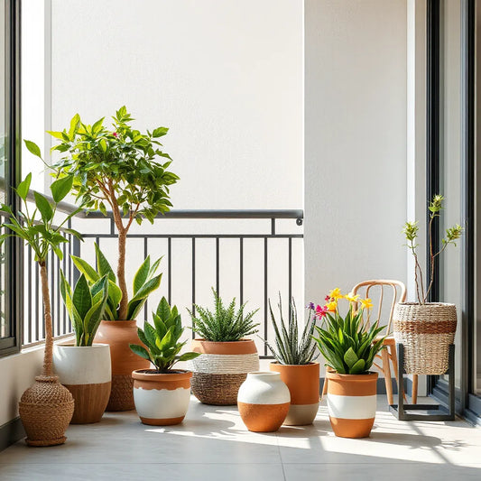 Sunlit balcony corner styled with decorative planters of varied heights and lush greenery